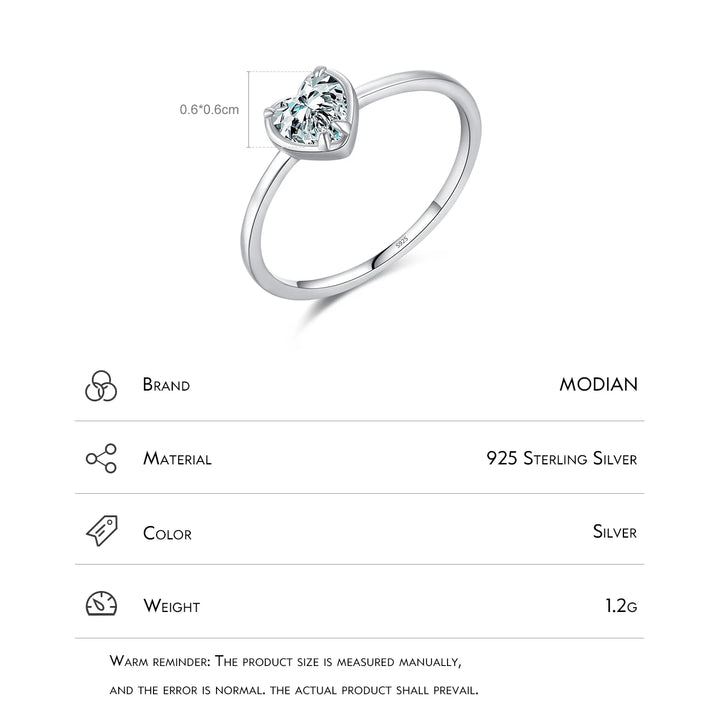 MODIAN 925 Sterling Silver Minimalism Romantic Hearts Zirconia Rings For Women